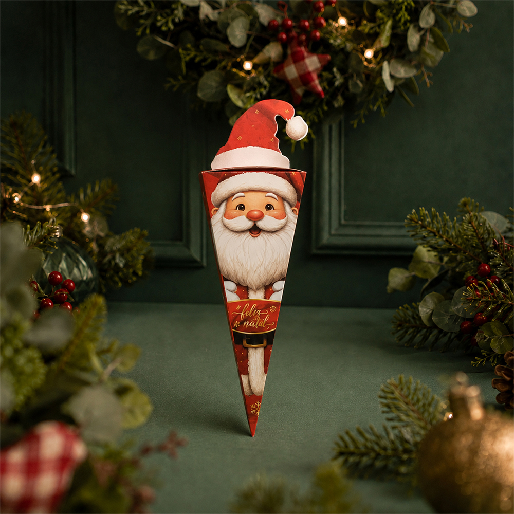 3b676792eaab1092a82623dc72c08734.jpg Caixa para cone Trufado com papel, Papai Noel - 25un - Imagem 1